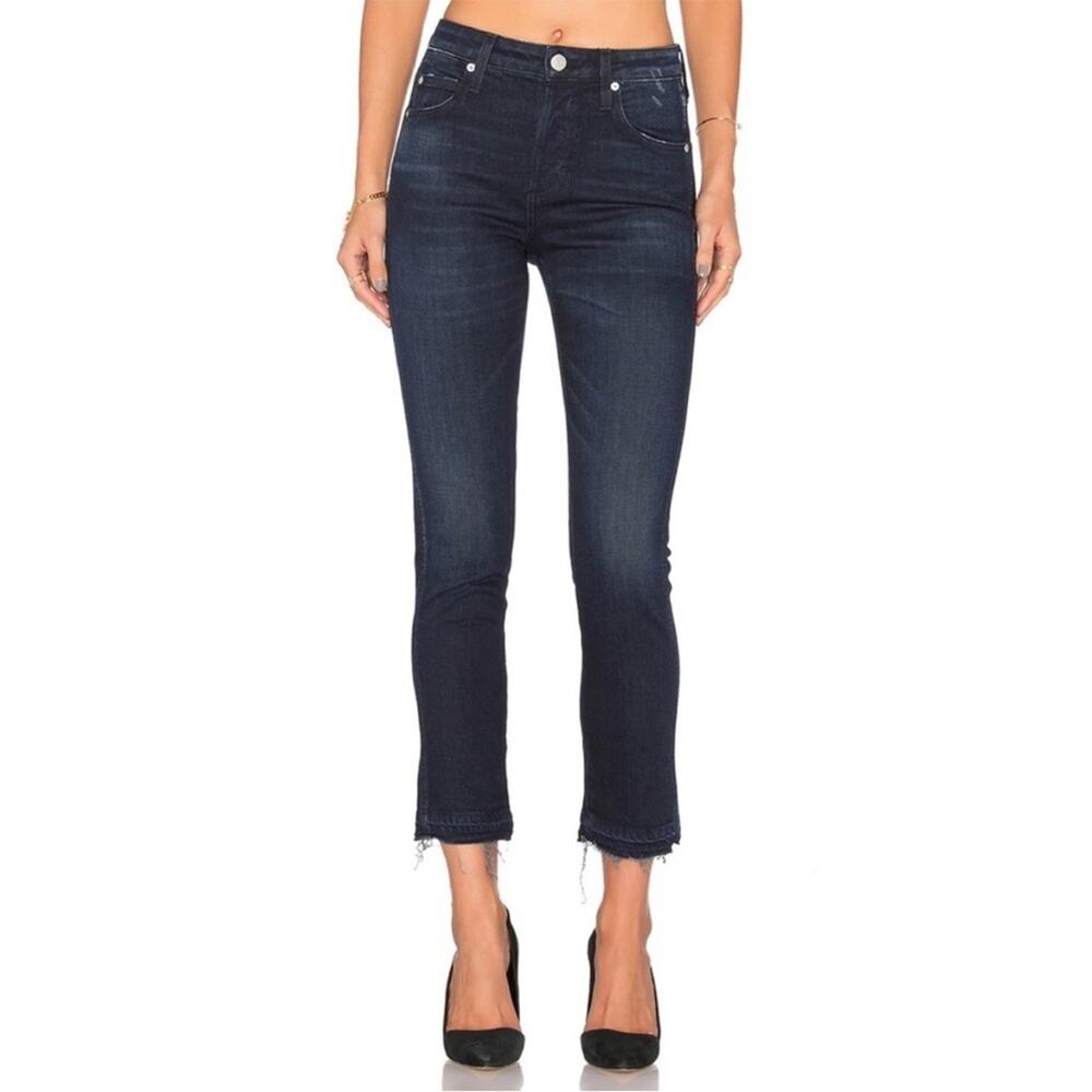 AMO Women’s Dark Wash Babe Jeans Eclipse Denim Raw Hem High Rise Blue Button Fly